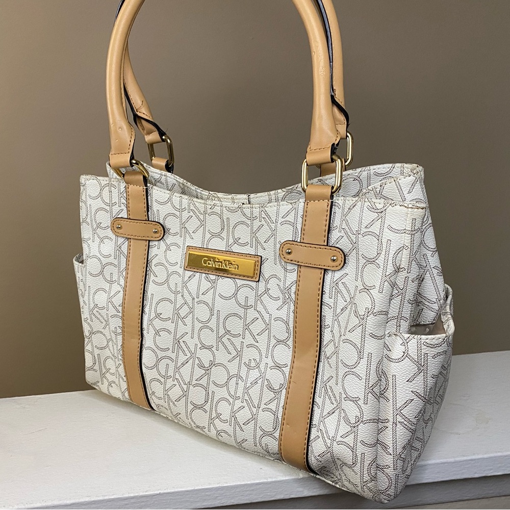Calvin Klein Hudson Signature CK Cream & Tan Satchel Shoulder Bag
